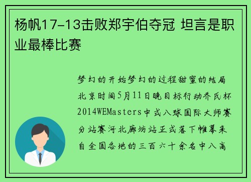 杨帆17-13击败郑宇伯夺冠 坦言是职业最棒比赛