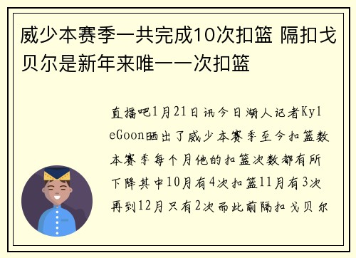 威少本赛季一共完成10次扣篮 隔扣戈贝尔是新年来唯一一次扣篮