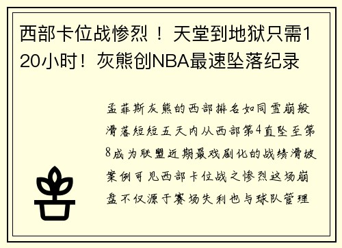 西部卡位战惨烈 ！天堂到地狱只需120小时！灰熊创NBA最速坠落纪录